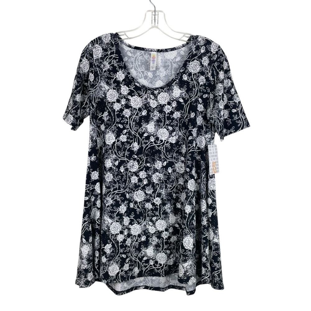 LuLaRoe Perfect Tee Short Sleeved Loose Swing Style Top Black & White Roses XS